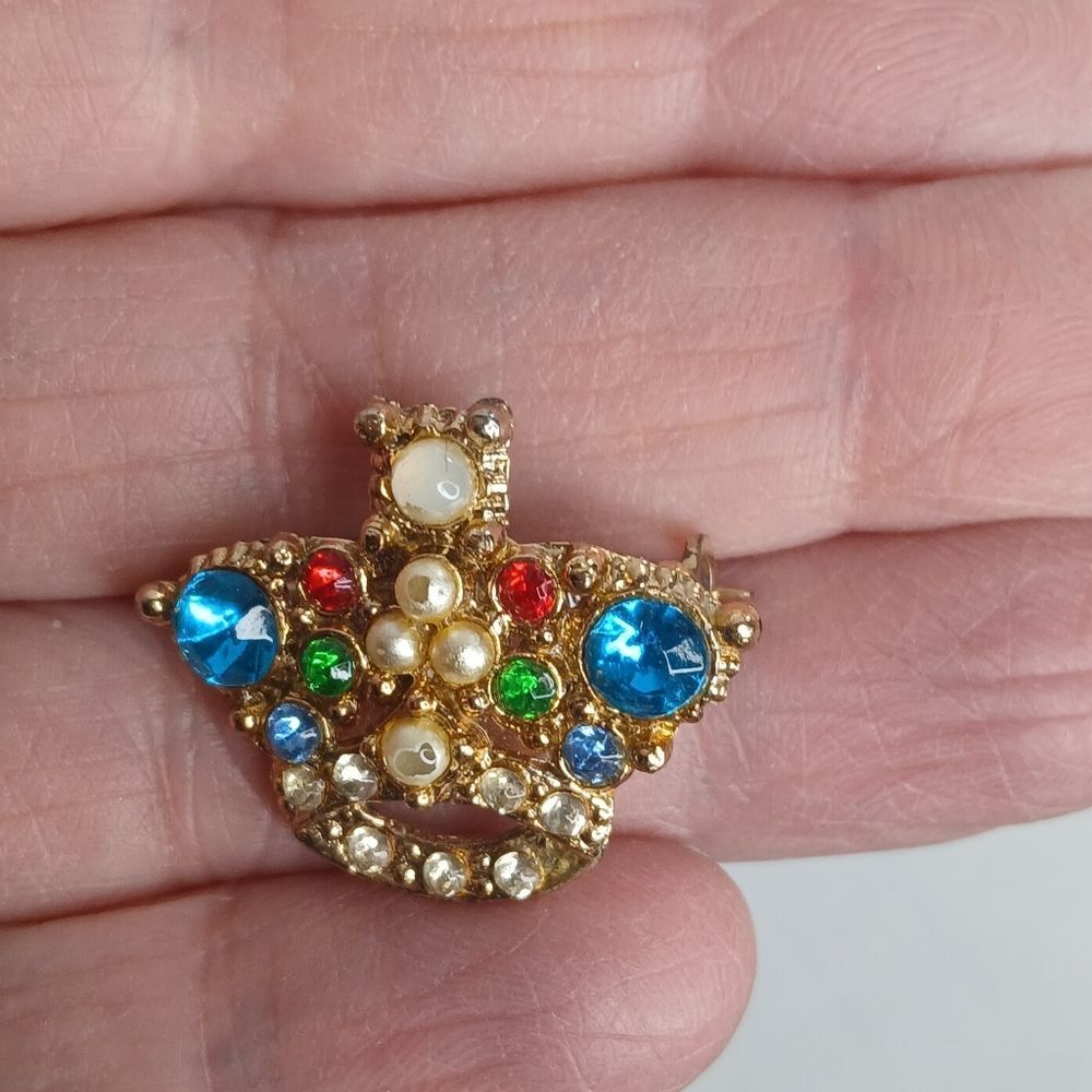 Vintage Rhinestone Crown Brooch Flowers Jewels Sparkling Regency 1 x 1.5" Gift